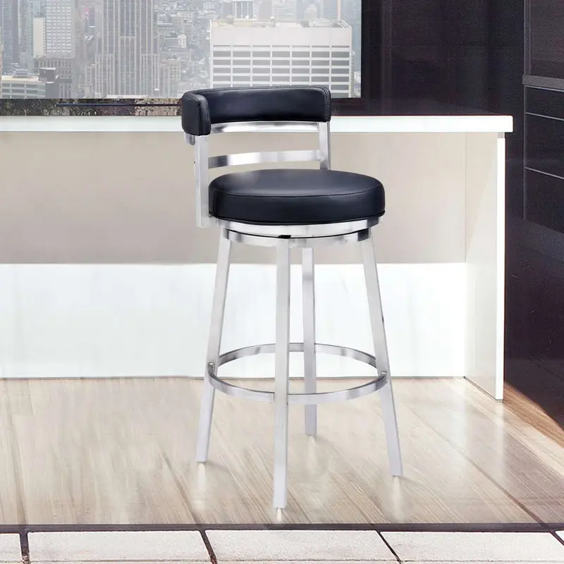 Madrid 30" Bar Height Swivel Black Faux Leather and Brushed Stainless Steel Bar Stool By Armen Living