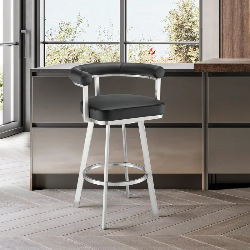 Magnolia 30" Swivel Bar Stool in Brushed Stainless Steel with Black Faux Leather By Armen Living