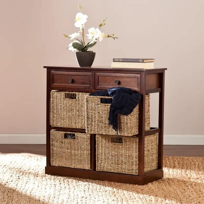 Mahogany And Seagrass Basket Storage Shelving Unit By Homeroots