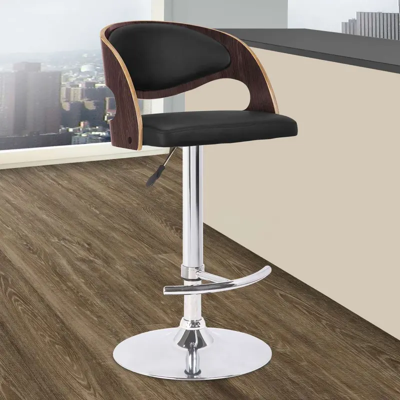 Malibu Swivel Barstool in Black Faux Leather with Dark Oak Wood Finish By Armen Living