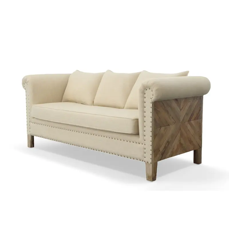 Mango Wood Solid Parquet and Linen Sofa 72 Inches