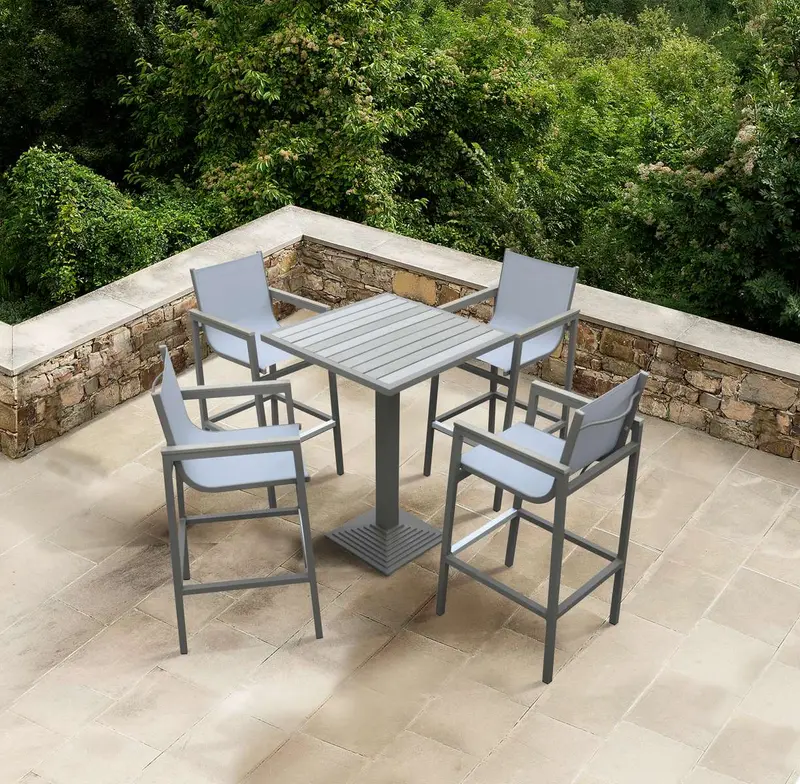Marina Outdoor Grey Patio Bar Table in Grey Powder Coated Finish and Grey Wood Top By Armen Living