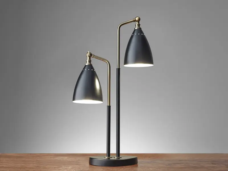 Matte Black Metal and Antique Brass Two Light Adjustable Table Lamp By Homeroots