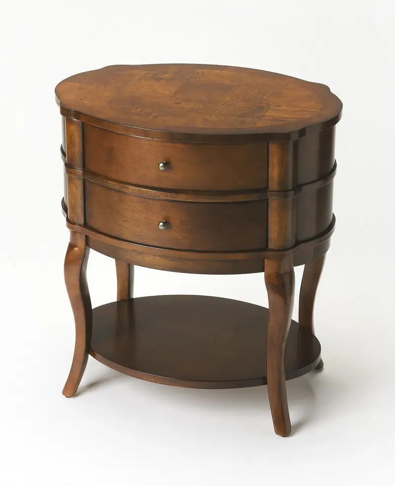 Medium Brown And Umber Solid And Manufactured Wood Oval End Table With Two Drawers And Shelf By Homeroots