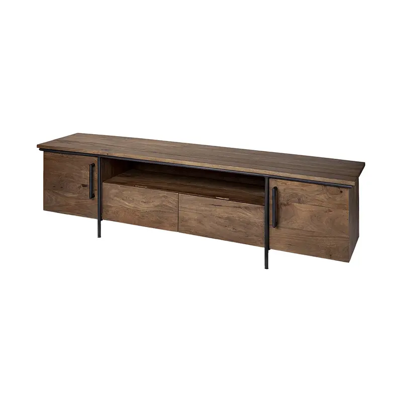 Medium Brown Solid Mango Wood Finish TV Stand Media Console With 4 Cabinets And Single Open Shelf By Homeroots