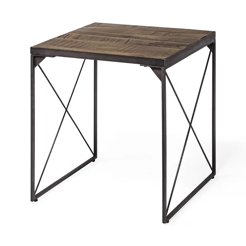 Medium Brown Wood Side Table with Square Top and Iron Cross Braced By Homeroots