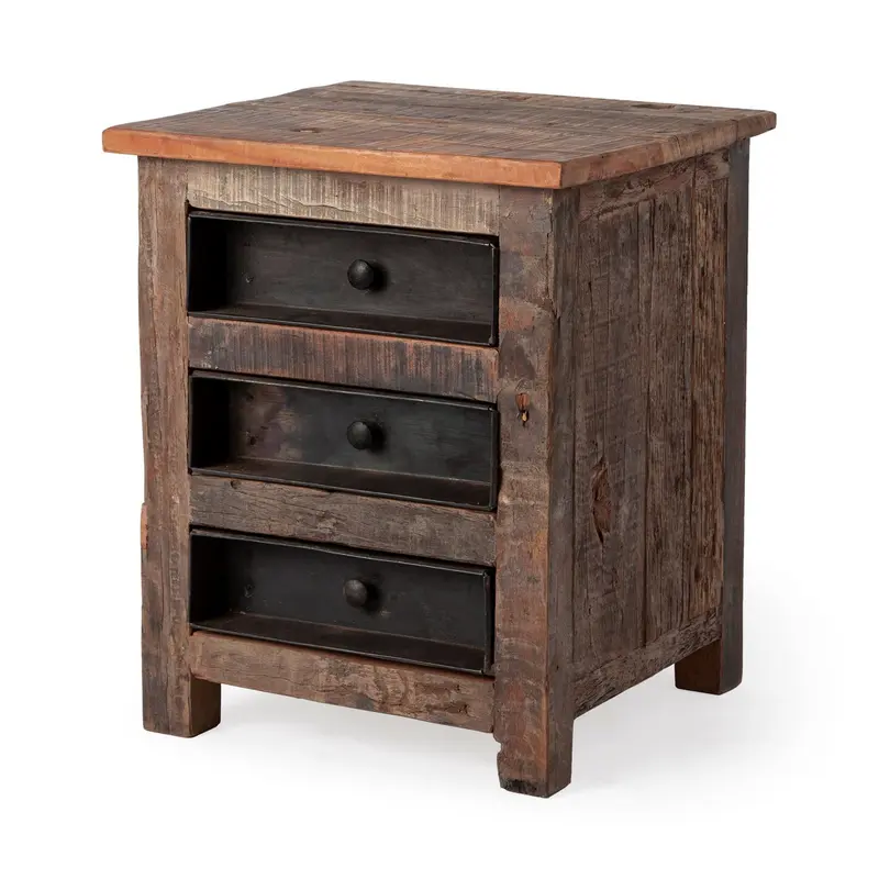 Medium Brown Wood Square Top End Table with Rustic Metal Drawers By Homeroots