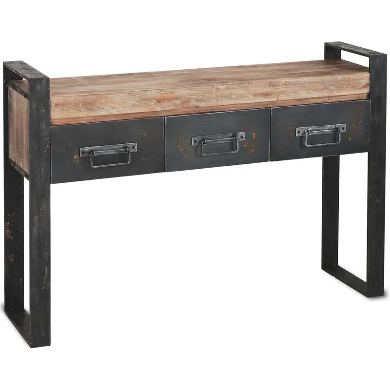 Medium Brown Wooden Console Table With Black Metal Frame And 3 Storage Drawers By Homeroots