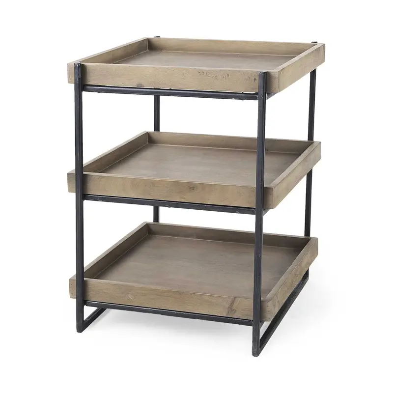 Medium Brown Wooden Square Top Side Table with Three-Tiered Black Iron Frame By Homeroots