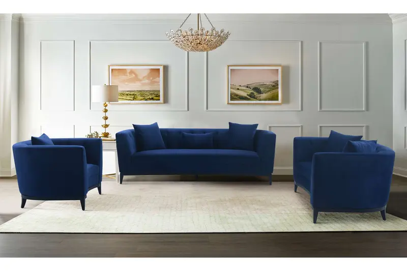 Melange 3 Piece Blue Velvet Living Room Seating Set By Armen Living