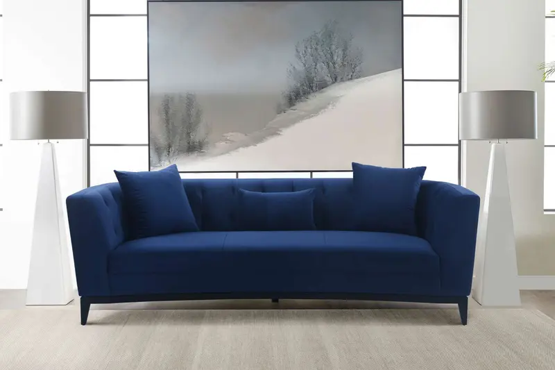 Melange Blue Velvet Upholstered Sofa with Black Wood Base By Armen Living