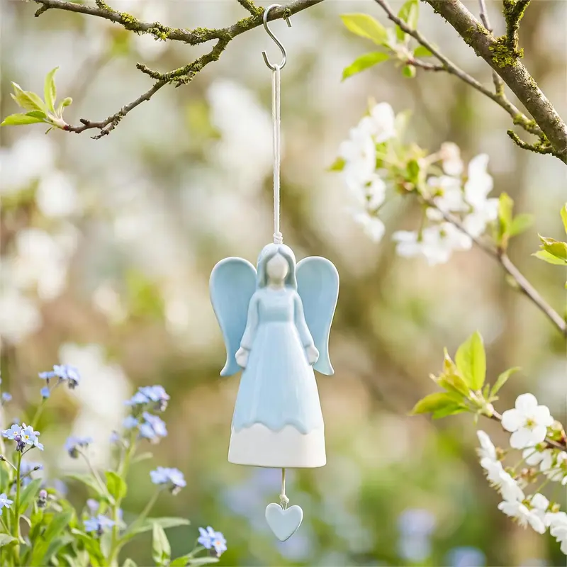 Memorial Bell, Ceramic, Angel with Wings and Decorative Heart