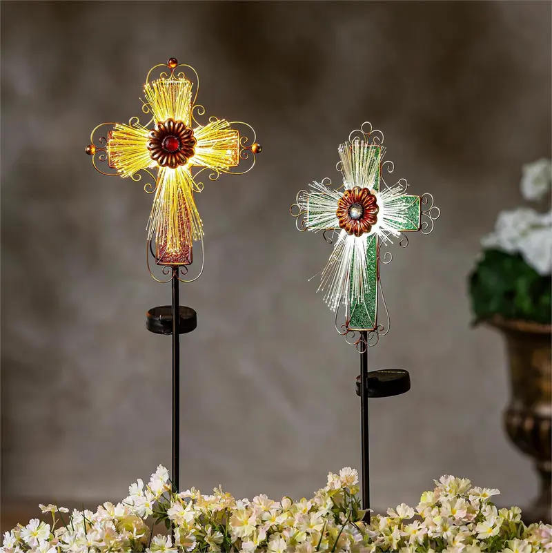 Memorial Garden Stake, Cross Fiber Optic Solar Garden Stake, 36"H, In CDU