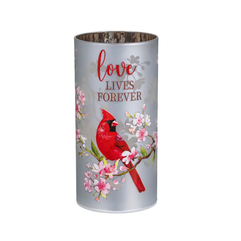 Memorial LED Table Decor Glass Lasercut Cardinal "Love Lives Forever, 8"H
