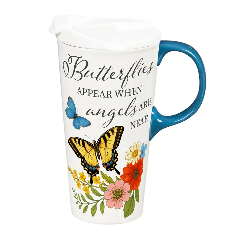 Memorial Travel Cup Ceramic Perfect Cup, Butterflies Appear, 17oz, Gift Box