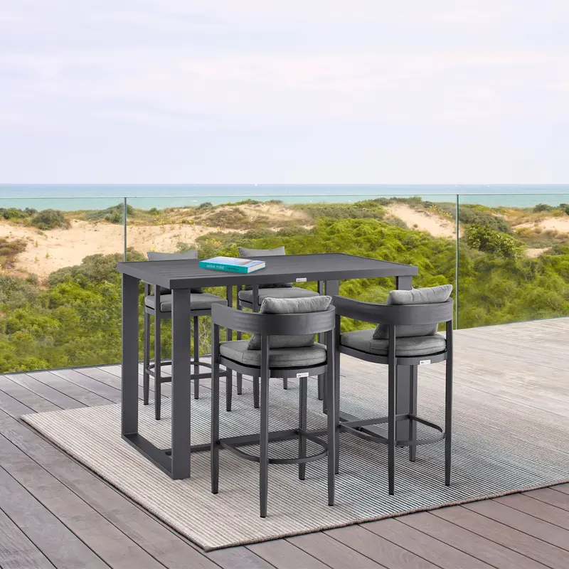 Menorca Outdoor Patio 5-Piece Bar Table Set in Aluminum with Gray Cushions By Armen Living