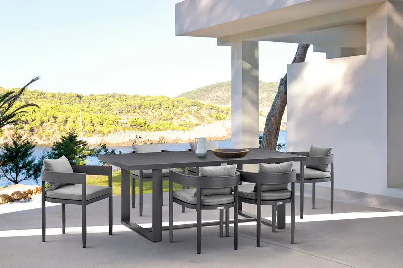 Menorca Outdoor Patio 7-Piece Dining Table Set in Aluminum with Gray Cushions By Armen Living