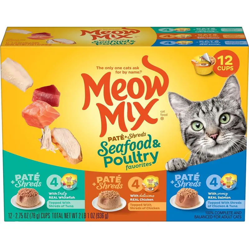 Meow Mix Pate and Shreds Seafood and Poultry Variety Wet Cat Food 12 pk