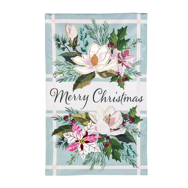 Merry Christmas Floral Applique House Flag