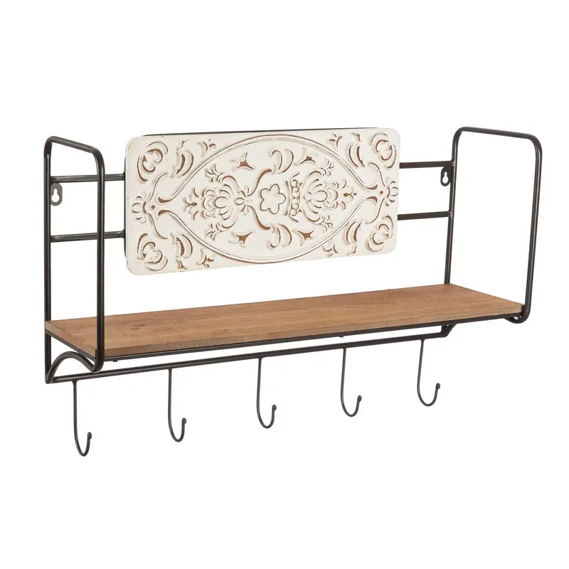 Metal and Wood Wall Shelf with Hooks