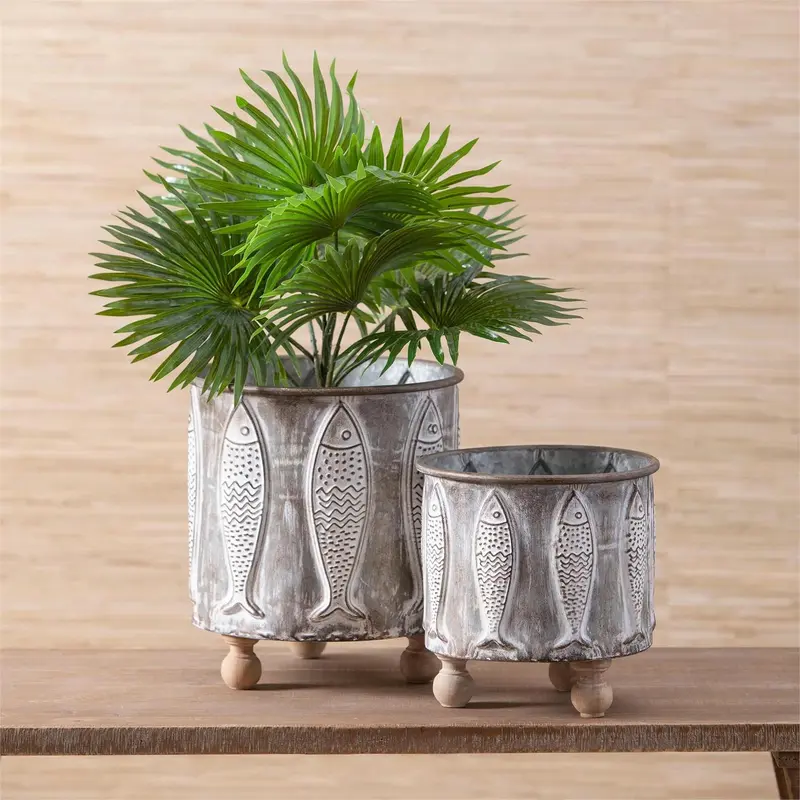 Metal Bucket with Embossed Fish, Nested Set of 2
