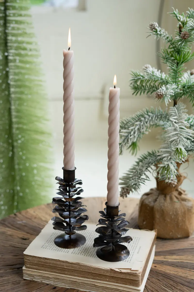 Metal Pine Cone Taper Holders - Antique Brown Set Of 2 By Kalalou