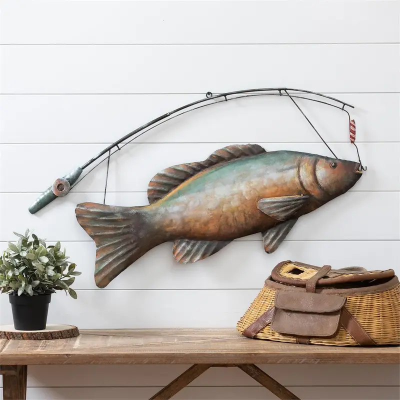 Metal Trout with Fishing Rod Wall Decor