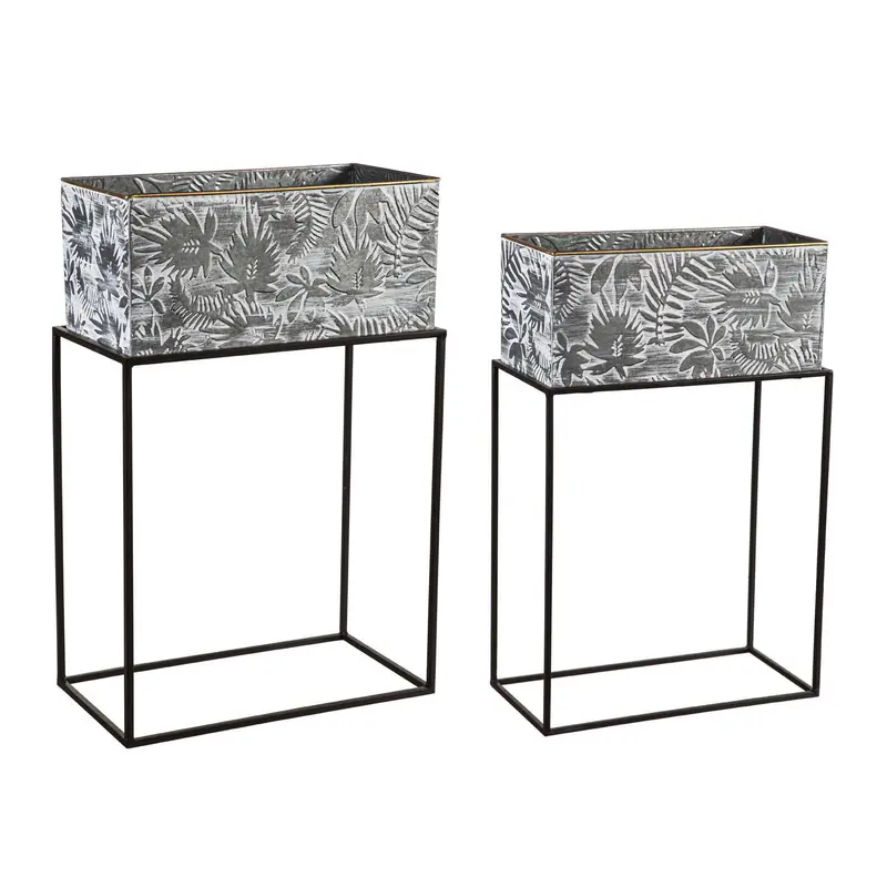 Metallic Embossed Floral Planters, Set of 2