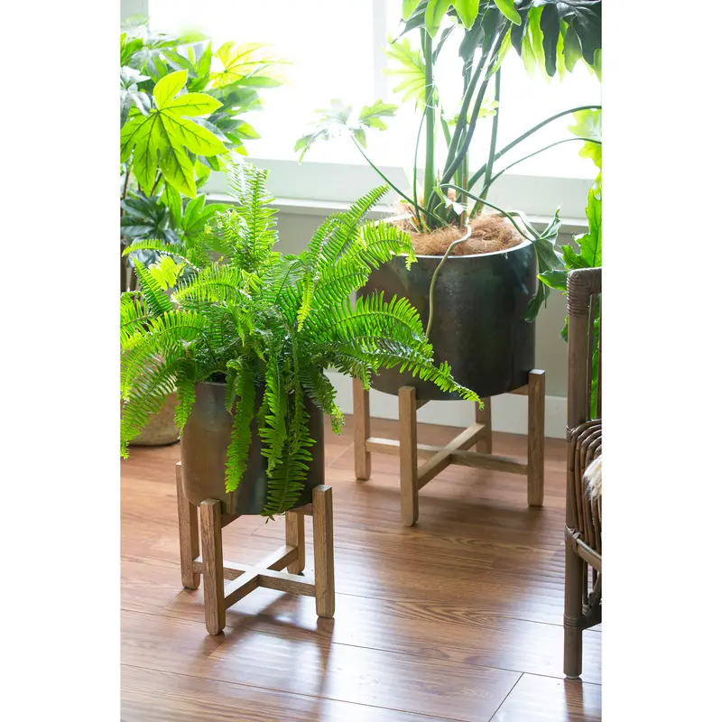 Metallic Patina Planter With Wood Stand Set of 2,8pmtl5226