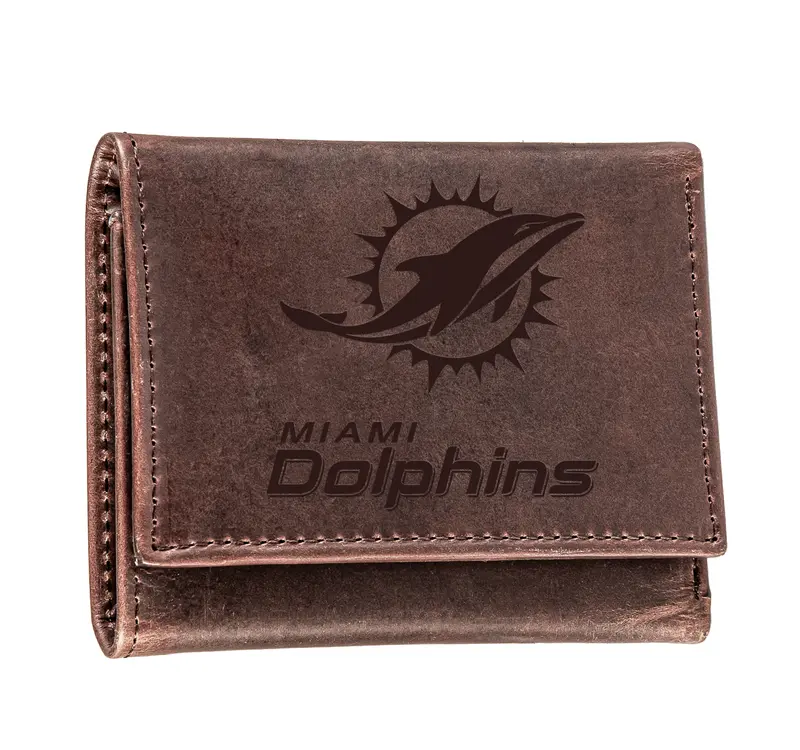 Miami Dolphins, Tri-Fold Wallet, Brown, CH, 100% Genuine Leather