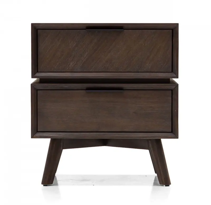 Mid Century Acacia Nightstand With Two Drawers And Black Metal Handles By Homeroots