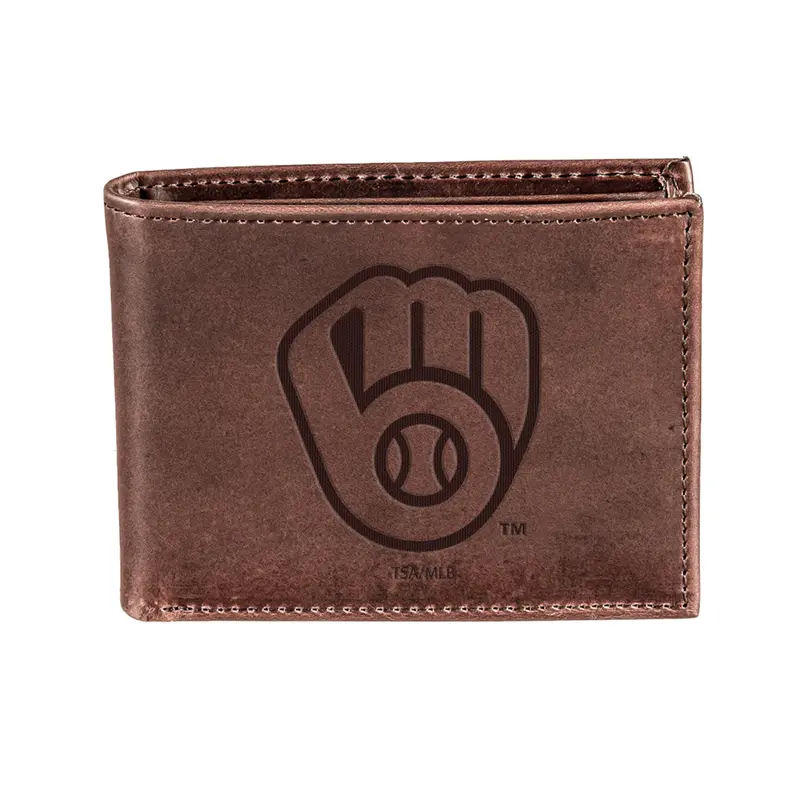 Milwaukee Brewers Bi-Fold Wallet Brown 100% Genuine Leather