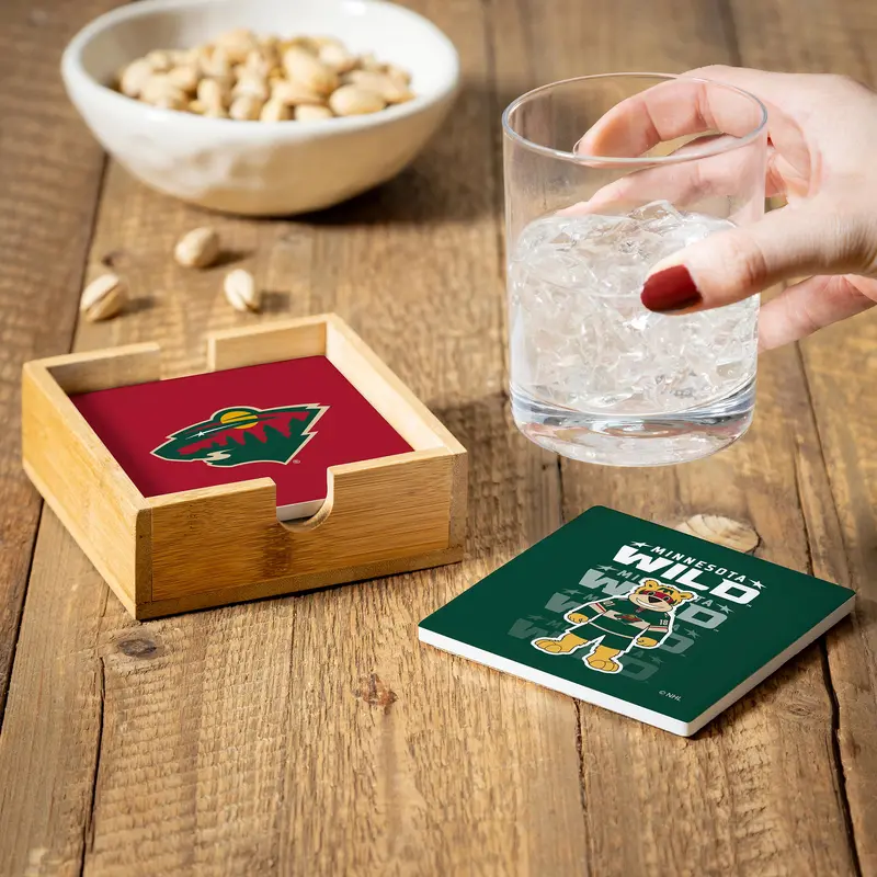 Minnesota Wild Ceramic Coasters Set, 4pcs with Wood Caddy