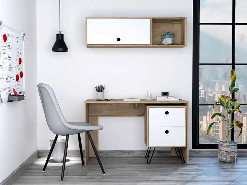 Mod White and Natural Two Piece Desk and Shelve Set By Homeroots