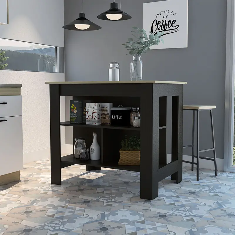 Modern Black Wengue and Light Oak Kitchen Island By Homeroots
