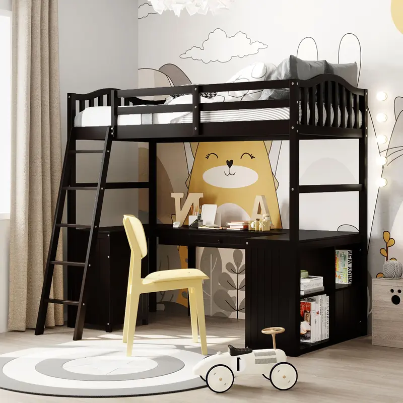 Modern Classic Dark Brown Twin Loft Bed With Book Shelf Desk And Cabinet By Homeroots