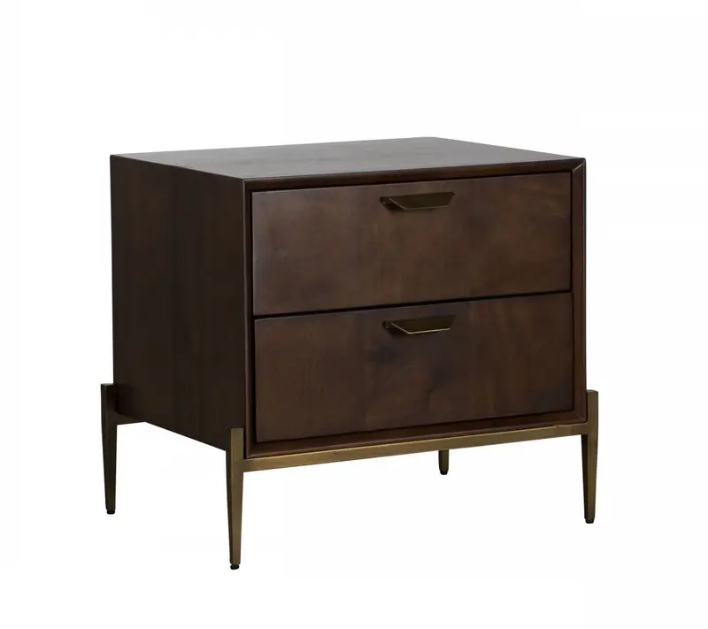 Modern Dark Mango Acacia And Brass Nightstand With Two Drawers By Homeroots