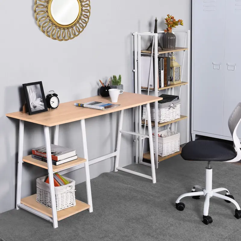 Modern Geo Beech Home Office Table With Storage Shelves By Homeroots