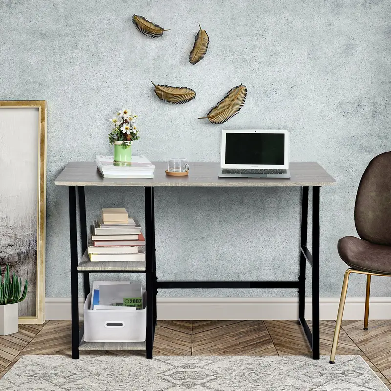 Modern Geo Dark Grey Home Office Table With Storage Shelves By Homeroots