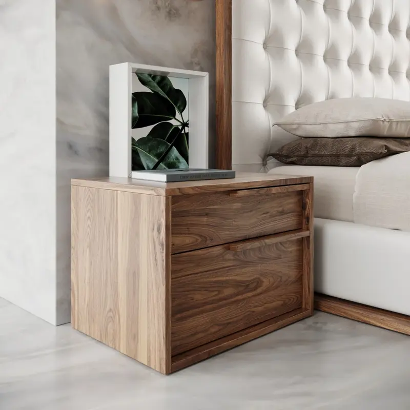 Modern Light Brown Walnut Nightstand With Two Drawers By Homeroots
