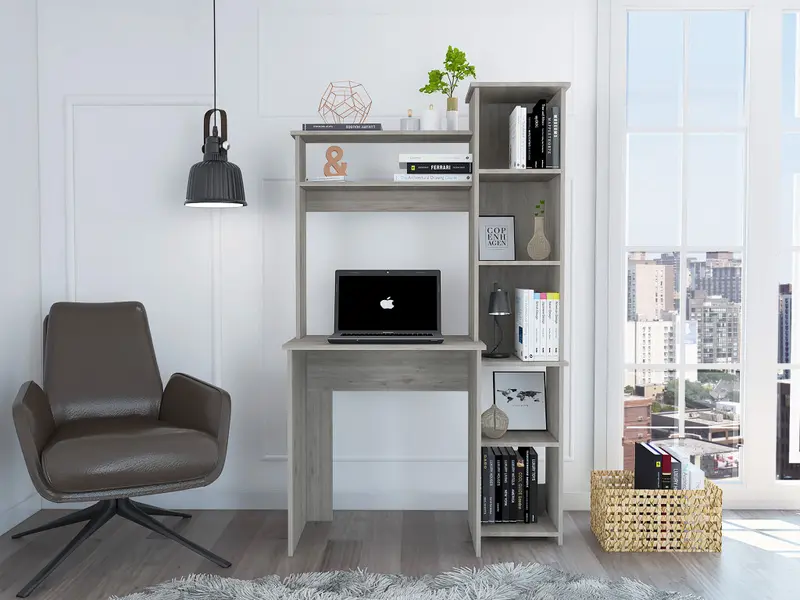 Modern Light Gray Office Desk with Storage Cabinet By Homeroots