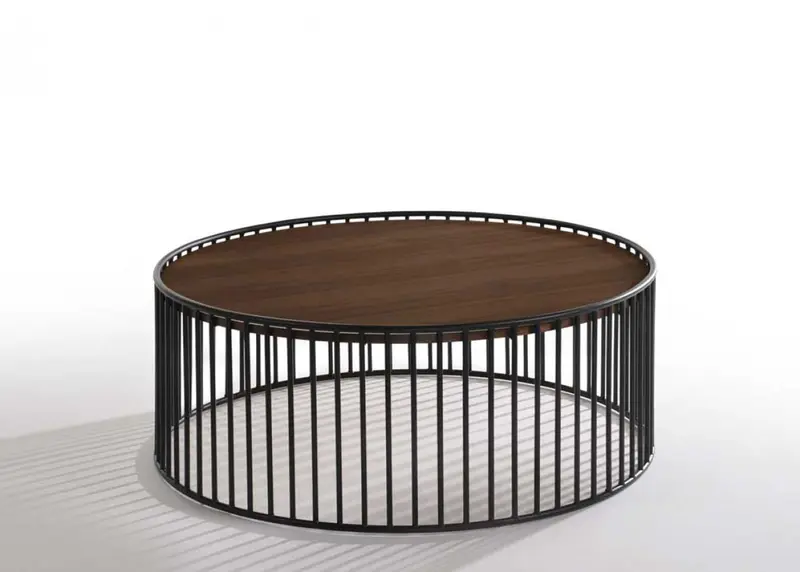 Modern Walnut and Black Metal Rods Round Coffee Table By Homeroots