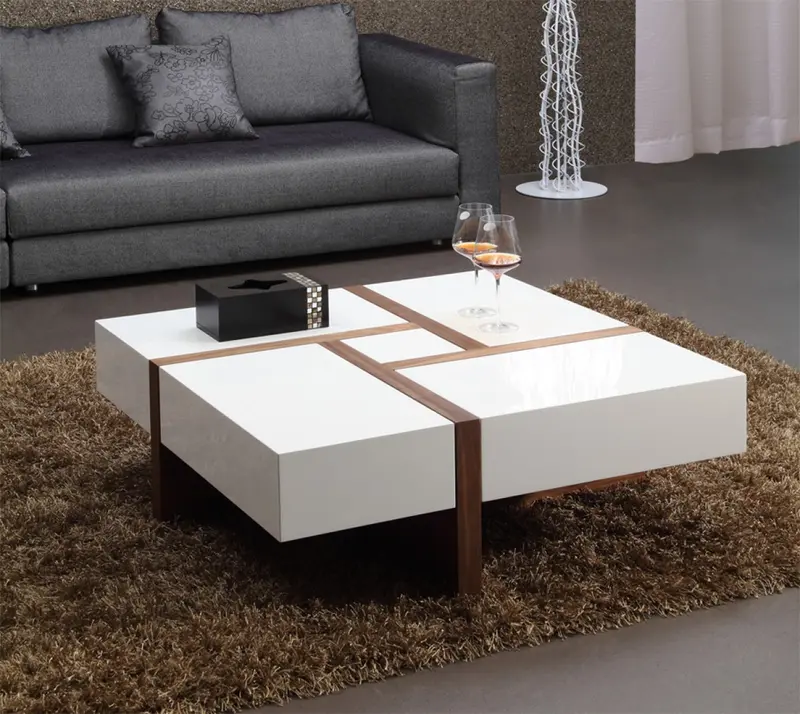 Modern White and Walnut Square Coffee Table with Storage By Homeroots