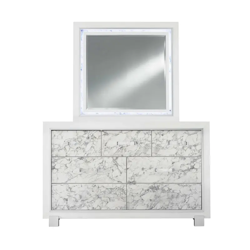 Modern White Mirror with Faux Marble Border Detail LED Lightning By Homeroots