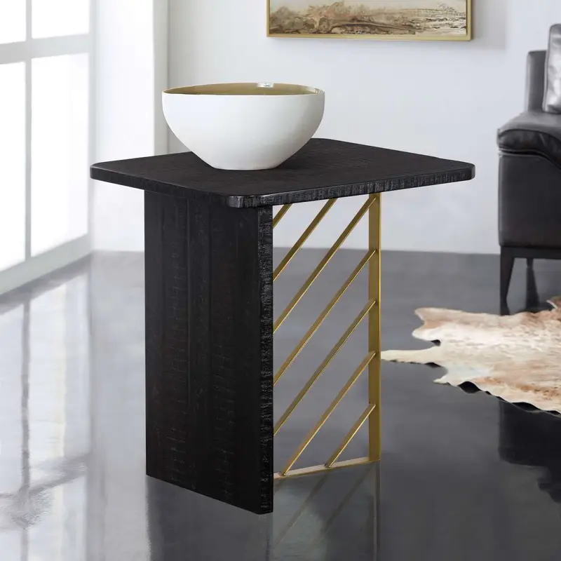 Monaco Black Wood Side Table with Antique Brass Accent By Armen Living