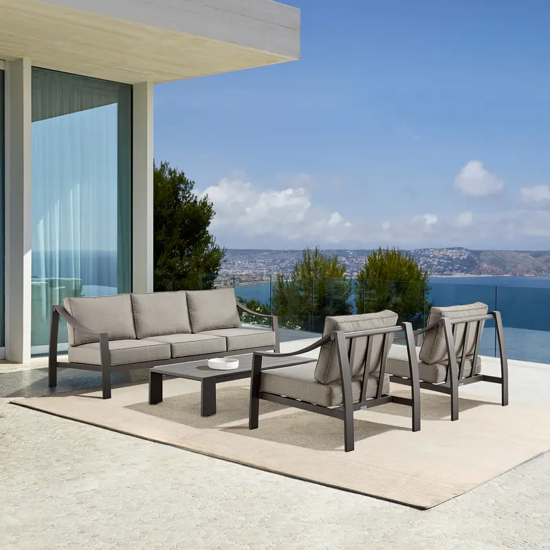 Mongo 4 Piece Outdoor Patio Furniture Set in Dark Brown Aluminum with Cushions By Armen Living