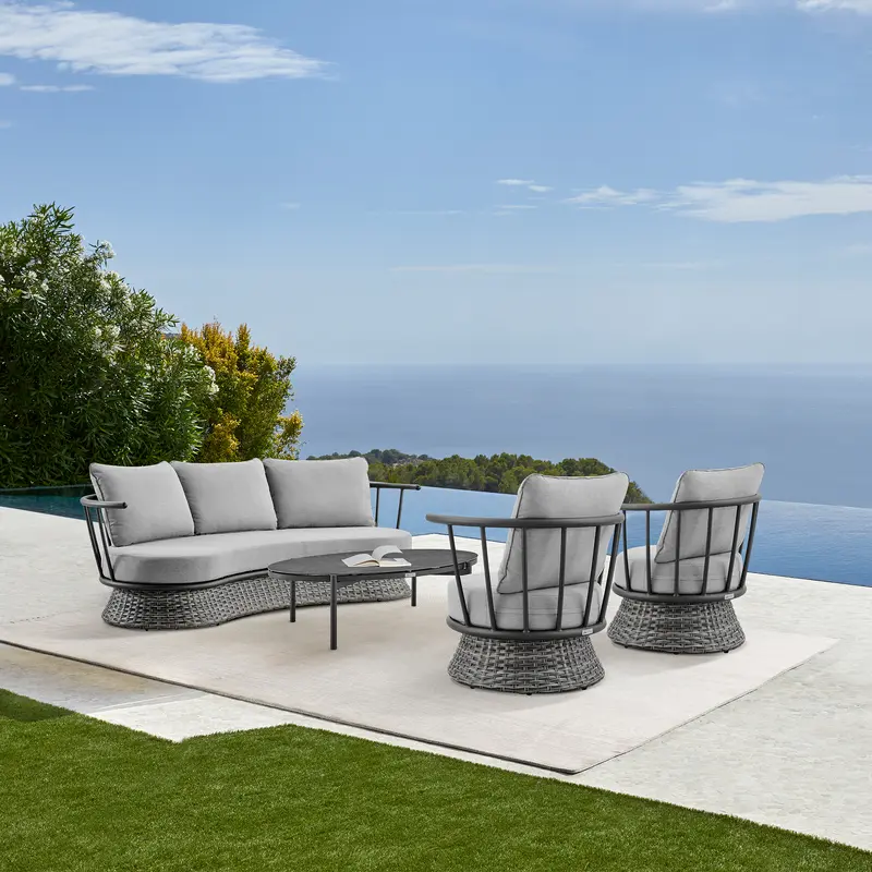 Monk 4 Piece Outdoor Patio Furniture Set in Black Aluminum and Grey Wicker with Grey Cushions By Armen Living
