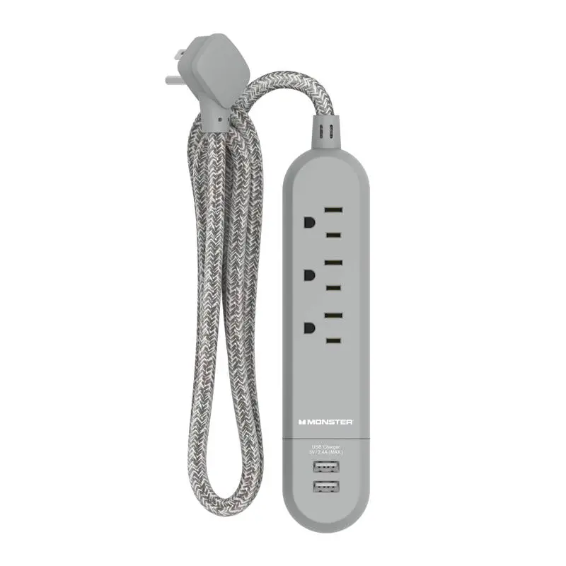 Monster 4 ft. L 3 outlets Power Strip with USB Ports Gray