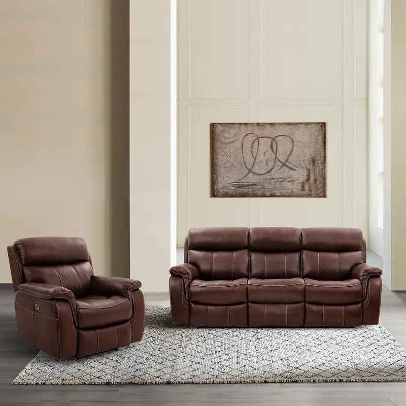 Montague Dual Power Reclining 2 Piece Sofa and Recliner Set in Genuine Brown Leather By Armen Living