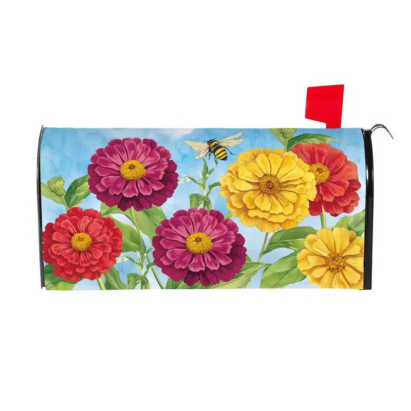 Multicolor Zinnias & Bees Mailbox Cover